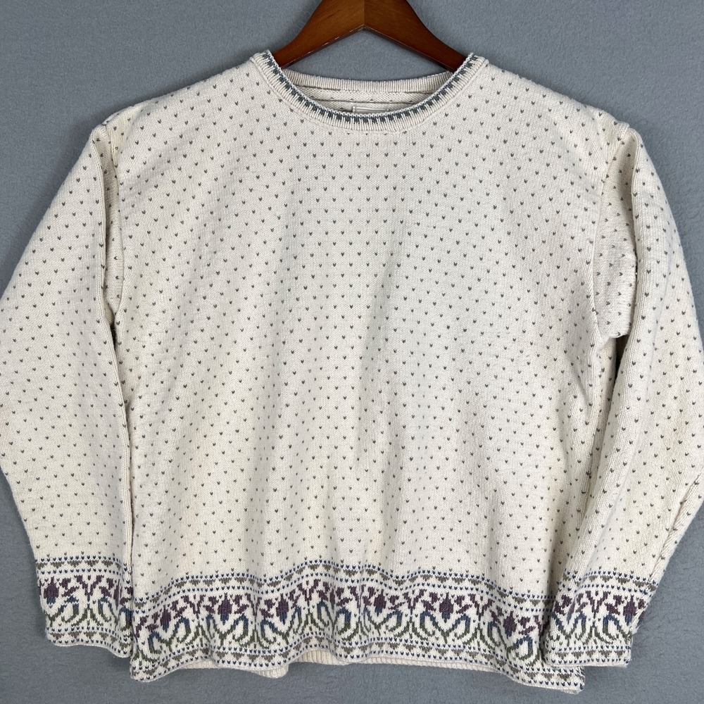 VTG ALPS Knit Sweater Womens L Cream Fair Isle Floral Hem‎ Cottagecore Grandpa